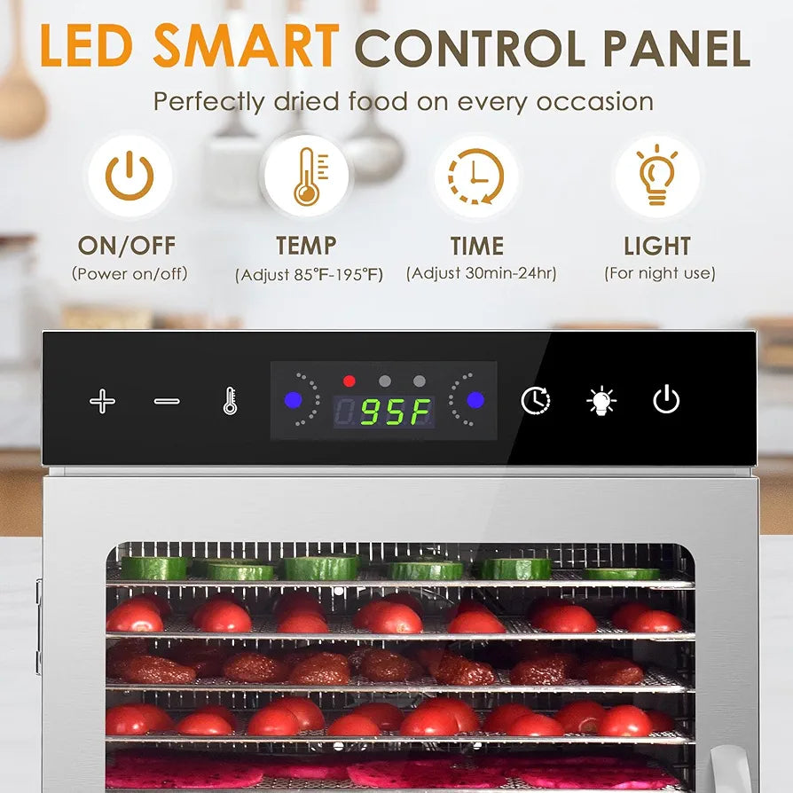 12 Stainless Steel Trays Food Dehydrators with Digital Timer and Temperature Control