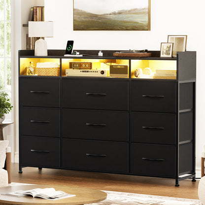 Cheo 9 - Drawer Dresser With 2-Tier Open Shelf, Dresser With Power Outlet & Led, 43"W Dresser For Bedroom (BLACK )